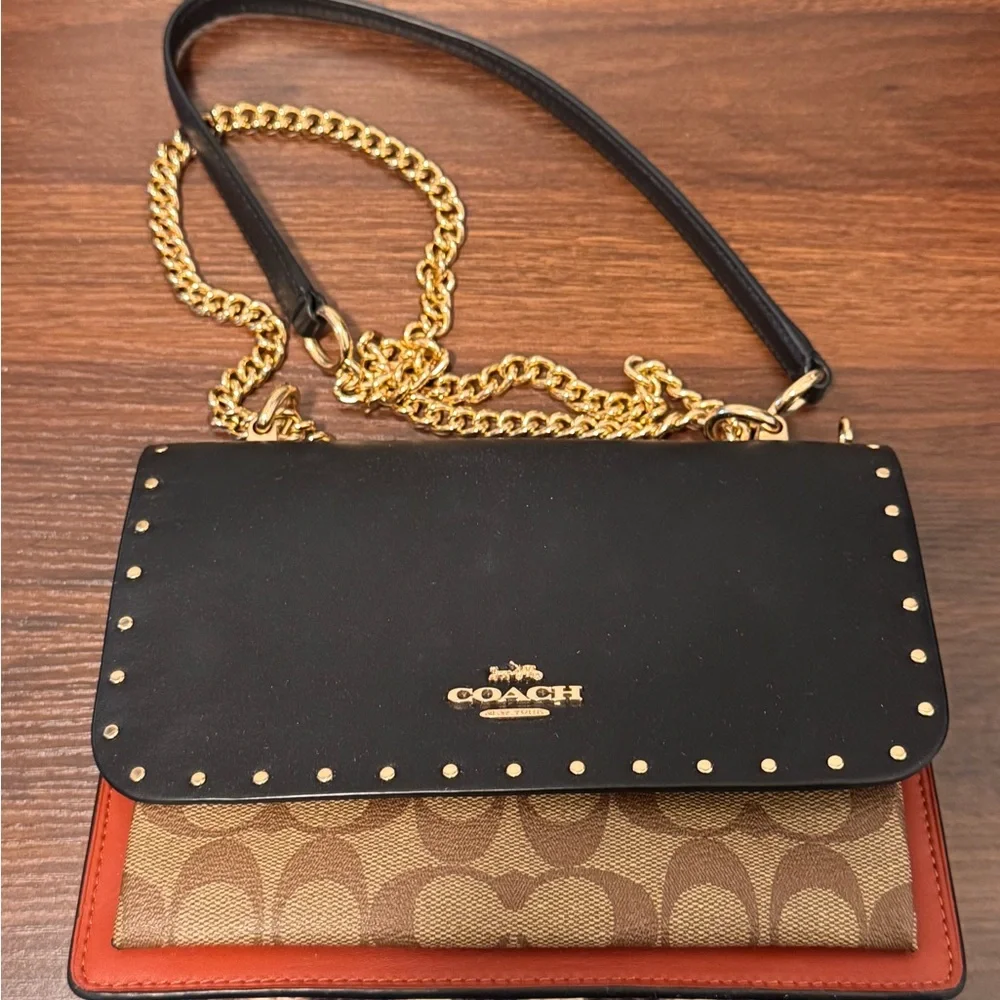 Coach Black and Tan Crossbody Bag with Gold Accents - Picture 1 of 5